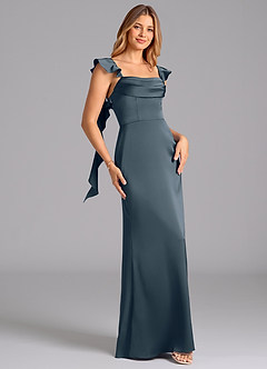 Azazie Adi 신부 들러리 드레스 A라인 주름진 스트레치 새틴 바닥 길이 드레스 image3