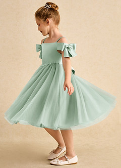 Azazie Amie Flower Girl Dresses Agave A-Line Off the Shoulder Matte Satin Dress image4