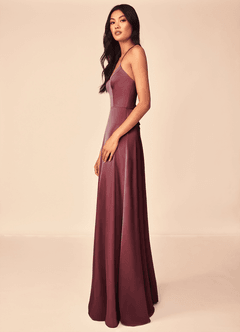 Azazie Mei Bridesmaid Dresses Merlot A-Line V-Neck Stretch Satin Dress image4
