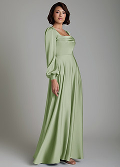 Azazie Solana Robes de demoiselle d'honneur Robe Trapèze en Satin extensible Manches longues Vert Sauge image5