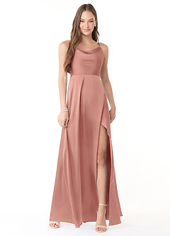 Azazie Naomie Bridesmaid Dresses Rosette A-Line Cowl Neckline Side Slit Stretch Satin Dress image1