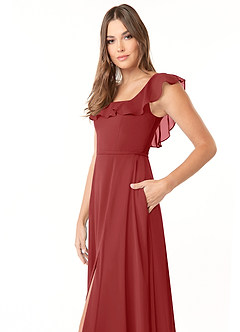 Azazie Jinny Robes de demoiselle d'honneur Robe Trapèze en Mousseline de soie Encolure carrée froncée Rouille image5