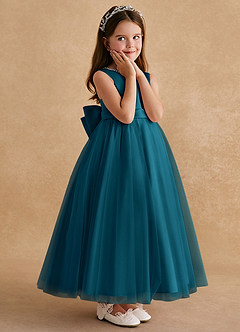 Azazie Cookie Blumenmädchenkleider A-Linie Schleifen Tüll Kleid Tintenblau image3