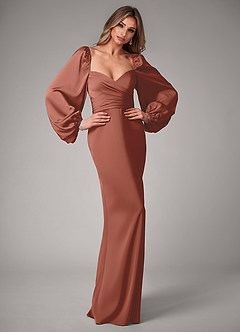 Azazie Sonata Bridesmaid Dresses Auburn Sheath Long Sleeve Stretch Satin Convertible Dress image5