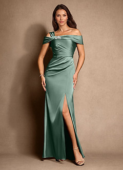 Azazie Altonia Moeder van de bruid jurken Zeemeermin Jurk van Stretch Satijn Off the Shoulder Eucalyptus image4