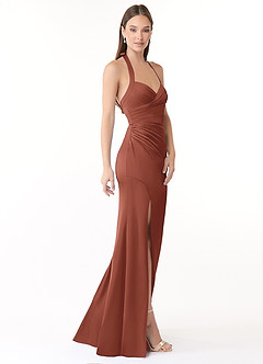 Azazie Emeria Bridesmaid Dresses Auburn Mermaid Pleated Stretch Satin Dress image4