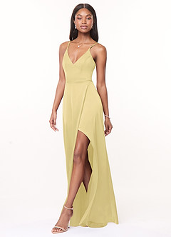Azazie Maksim Bridesmaid Dresses Lemon Sorbet A-Line V-Neck Stretch Satin Dress image4