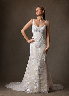 Azazie Rosalie Wedding Dresses Diamond White Champagne A-Line Lace Dress image1