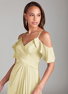 Azazie Dakota Bridesmaid Dresses Lemon Sorbet A-Line Off the Shoulder Stretch Satin Dress image5
