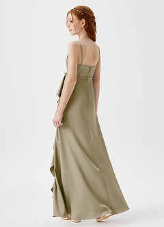 Azazie Kaylee Junior Robe Trapèze en Satin extensible avec ceinture Vert Mousse image5