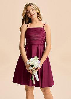 Azazie Miko Junior A-Linie Plissee Stretch-Satin Kleid Burgunderrot image6