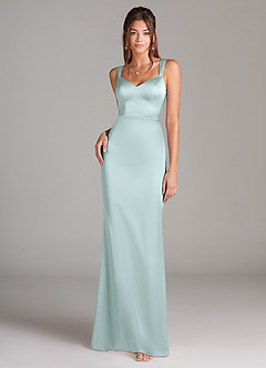 Azazie Denice Bridesmaid Dresses Sea Glass Sheath Pleated Stretch Satin Dress image3
