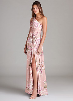 Azazie Brooke Bridesmaid Dresses Rosy Floral Bloom A-Line One Shoulder Stretch Satin Dress image5