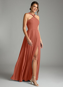 Azazie Afra Abiti da Damigella Abito A-Line in Chiffon Plissettato Argilla image3