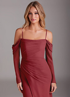 Azazie Hallie Bridesmaid Dresses Pomegranate Mermaid Long Sleeve Chiffon Dress image2