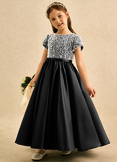 Azazie Cashew Flower Girl Dresses Black Ball-Gown with Sleeves Matte Satin Dress image3