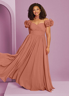 Barbie ♥ Azazie Suknie dla druhen Rozkloszowana sukienka z odkrytymi ramionami, falbaną i rozetkami image10