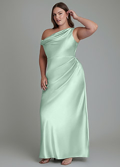 Azazie Emerson Bridesmaid Dresses Agave Mermaid Off the Shoulder Metallic Satin Dress image11