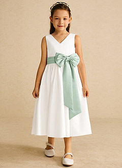 Azazie Darling Flower Girl Dresses Ivory Agave A-Line Bow Cotton Dress image4