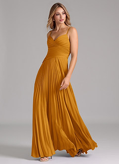 Azazie Vini Bridesmaid Dresses Butterscotch A-Line Pleated Stretch Satin Dress image5