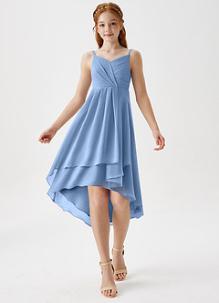 Azazie Mariam Junior Steel Blue A-Line Pleated Chiffon Dress image3