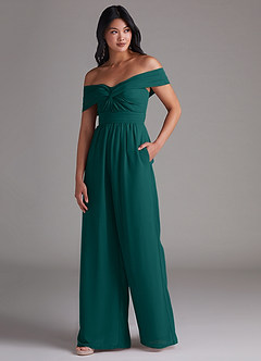 Azazie Lamara Bridesmaid Dresses Peacock Off the Shoulder Chiffon Convertible Jumpsuit image4