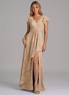 Azazie Omari 신부 들러리 드레스 A라인 주름진 플로럴 번아웃 바닥 길이 드레스 image5