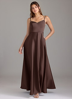 Azazie Marley Abiti da Damigella Abito Convertibile A-Line in Raso Elasticizzato a Spalla Scoperta Ganache image1