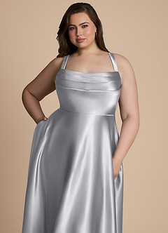 Azazie Shaude Bridesmaid Dresses Silver A-Line Pleated Metallic Satin Dress image10