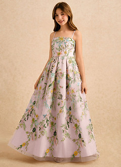 Azazie Lark Girls Formal Robe Demoiselle D'honneur Fillette Robe Trapèze en Dentelle Plissé Rose Pâle image4
