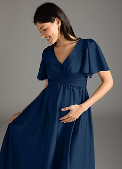 Azazie Verna Maternity Bridesmaid Dresses A-Line Ruched Stretch Satin Floor-Length Dress image1