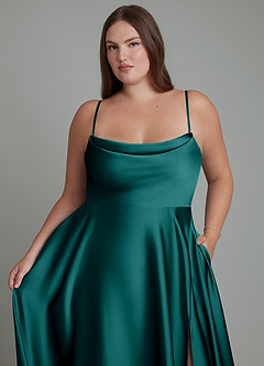 Azazie Elle Bridesmaid Dresses Peacock A-Line Pleated Stretch Satin Dress image10