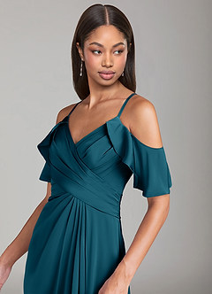 Azazie Dakota Bridesmaid Dresses Ink Blue A-Line Off the Shoulder Stretch Satin Dress image5