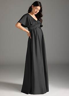 Azazie Verna At-home Try On Dresses A-Line Ruched Stretch Satin Floor-Length Dress image6