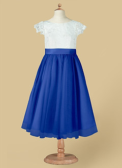 Azazie Vetty Flower Girl Dresses Ivory Royal Blue A-Line Lace Tulle Dress image12