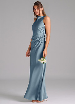 Azazie Evadne Robes de demoiselle d'honneur Robe Trapèze en Satin extensible Plissée Bleu Poussiéreux image1