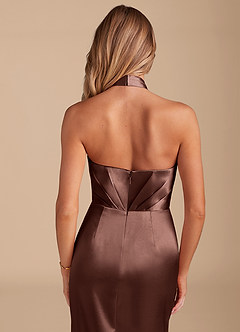 Azazie Zaya Bridesmaid Dresses Espresso Sheath Pleated Metallic Satin Dress image2