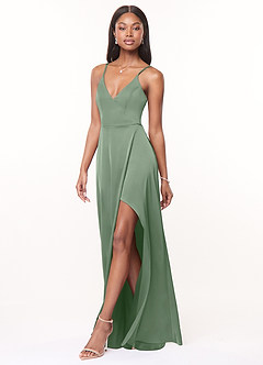 Azazie Maksim Vestidos de damas de honor Vestido de Matcha de Satén Elástico de Corte en A con Cuello en V image4
