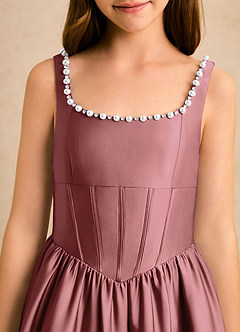 Azazie Enid Girls Formal Blomsterpigekjoler A-Line Perlebesat Stræk satin Gulv-længde Kjole image6