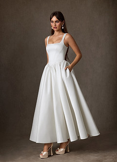 Azazie Verina Wedding Dresses Diamond White A-Line with Pockets Satin Dress image4