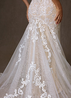 Azazie Selene Final Sale Diamond White Champagne Mermaid V-Neck Lace Dress image9