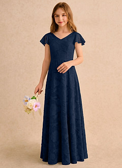 Azazie Narin Girls Formal Robe Demoiselle D'honneur Fillette Robe Trapèze en Blumen-Burnout avec manches Bleu Marine Foncé image5