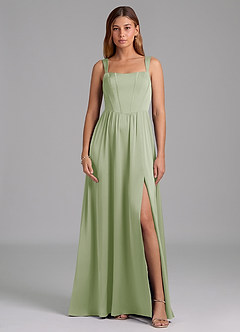 Azazie Rosaline Vestidos de damas de honor Vestido de Salvia Polvorienta de Satén Elástico de Corte en A con Corte Lateral image3