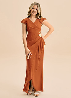 Azazie Julie Junior Vestido de Canela de Gasa de Corte Sirena con Volante image1