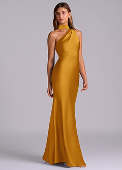 Azazie Seona Robes de demoiselle d'honneur Robe Sirène en Satin extensible Une épaule Caramel écossais image5