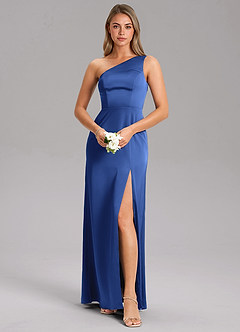 Azazie Feby Bridesmaid Dresses Royal Blue A-Line One Shoulder Stretch Satin Dress image1