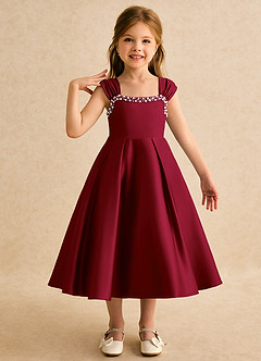Azazie Yosemite Flower Girl Dresses Burgundy Ball-Gown Sweetheart Neckline Matte Satin Dress image1
