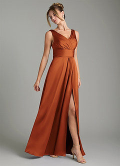 Azazie Karina Bridesmaid Dresses Cinnamon A-Line Pleated Stretch Satin Dress image4