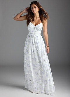 Azazie Zeya Bridesmaid Dresses Blue Vintage Floral A-Line V-Neck Pleated Chiffon Dress image1