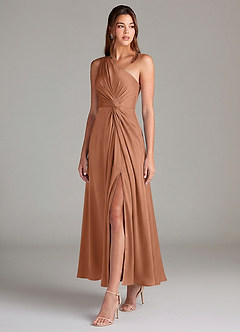 Azazie Brooke Robes de demoiselle d'honneur Robe Trapèze en Satin extensible Une épaule Bronze image3